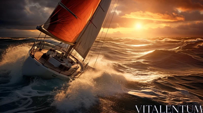 Hyper-realistic Graphics of Sailboat Navigating Rough Seas at Sunset AI Image