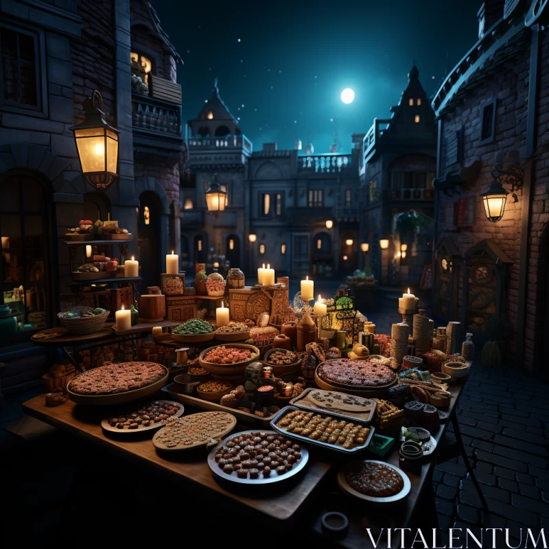 Urban Fairy Tale: A Medieval-Inspired Street Scene with Food Stands AI Image