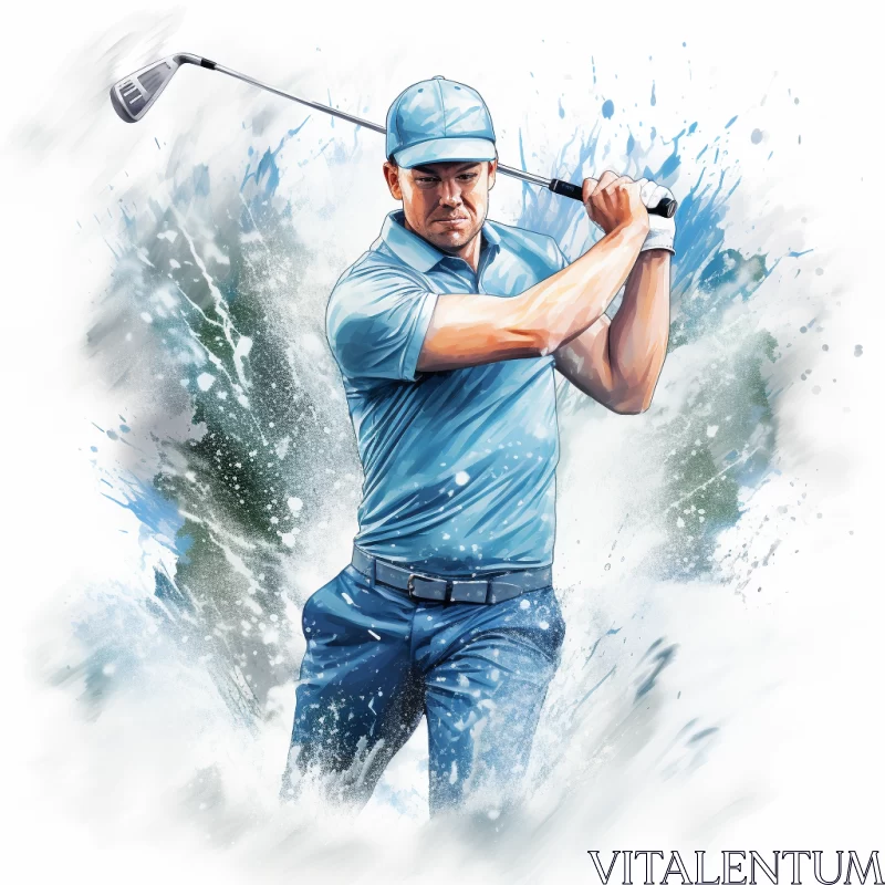 Intense Golf Swing in Realistic Painting with High Detail AI Image