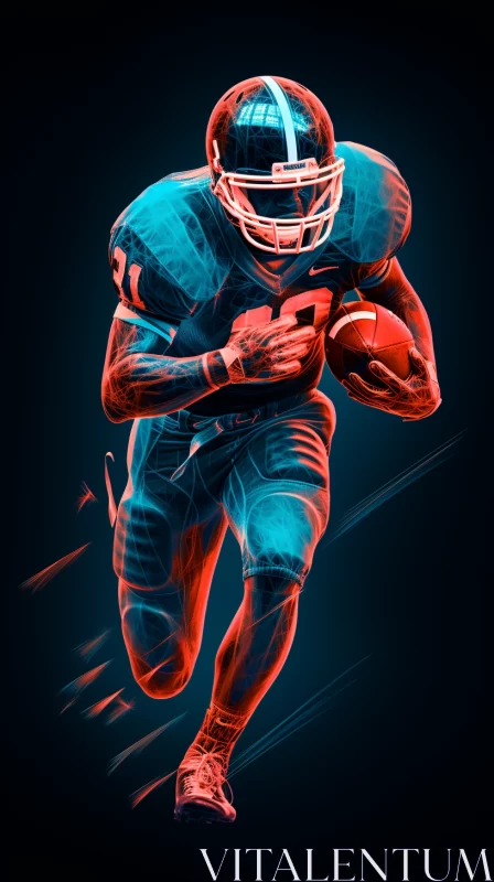 Neon-Colored Football Player in Sprint, Deep Crimson Backdrop AI Image