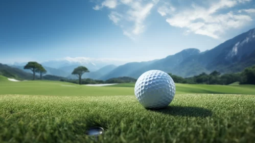Serene Golf Course with Mountains Backdrop and Luscious Green Field AI Image