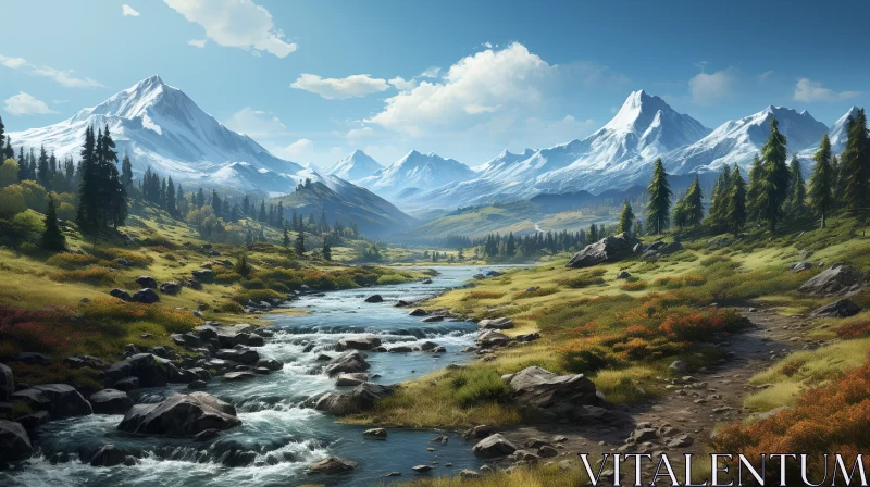 Tranquil River Flowing Through Grassy Mountains Landscape AI Image