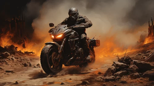 Apocalyptic Landscape with Motorcycle Rider AI Image
