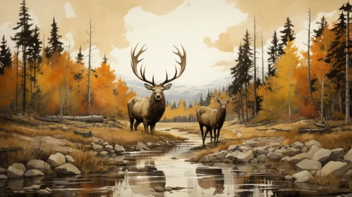 Autumnal Deer Stream - A Tranquil Concept Art Painting AI Image