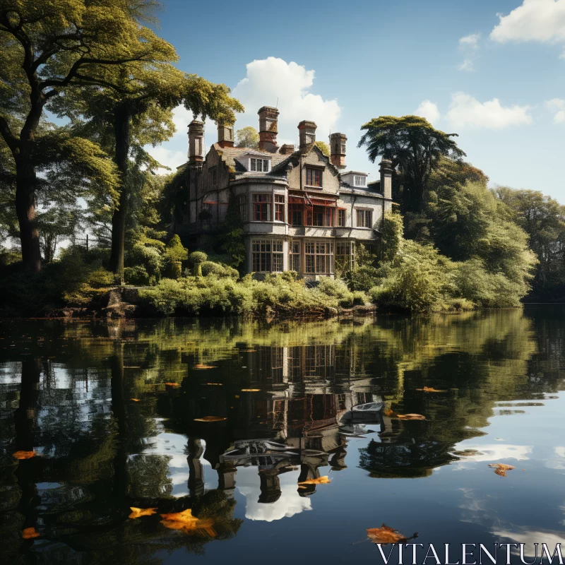 Majestic Victorian Gothic House by Tranquil Lake in Traditional British Landscape AI Image