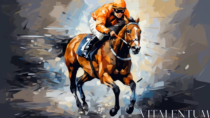 Thrilling Horse Race in Neo-Mosaic Painting with Bold Brushstrokes and Modern Digital Art Techniques AI Image