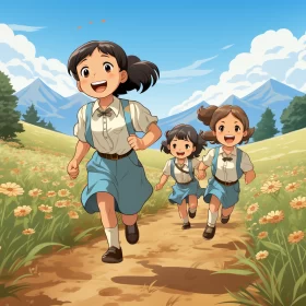 Anime Sisters Adventure in Rinpa Style Illustration AI Image