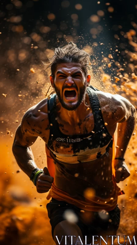AI ART Man Running Mid-Stride in Orange Mud Field, Portraying Human Resilience