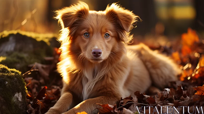 Serene Sunset Dog Portrait Amidst Autumn Leaves AI Image
