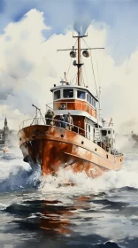 Vintage Boat Watercolor Artwork in Orange and Brown Hues AI Image