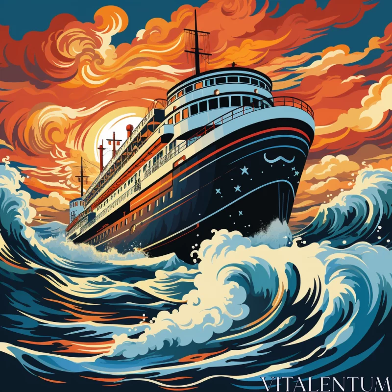 Vintage Ferry Ship in Dark Waves with Vivid Sky Illustration AI Image