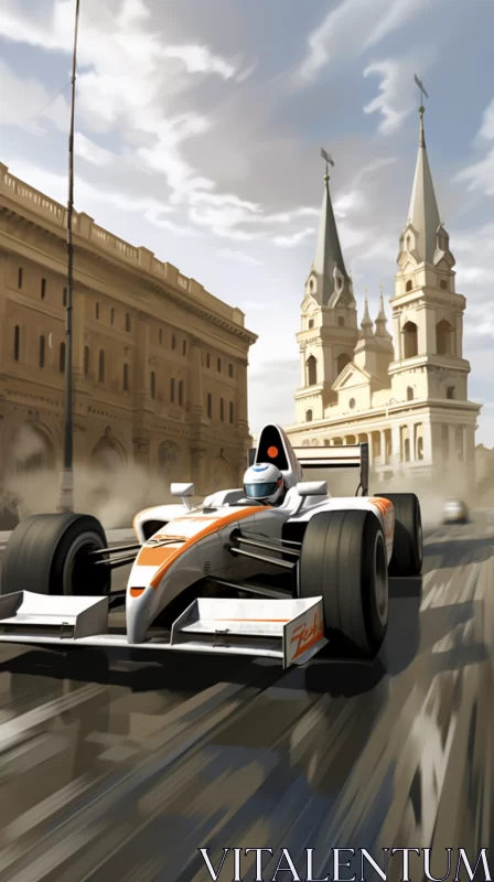 Dynamic Race Car Scene Amidst Classic Architecture  - AI Generated Images AI Image