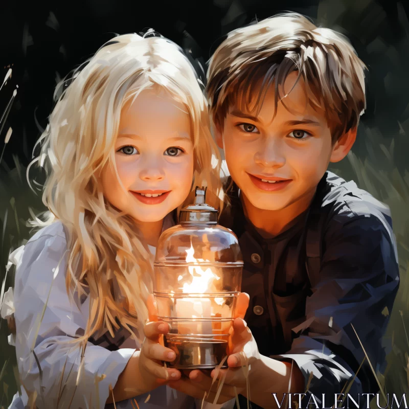 Softly Lit Photorealistic Portrait of Children with Lantern AI Image