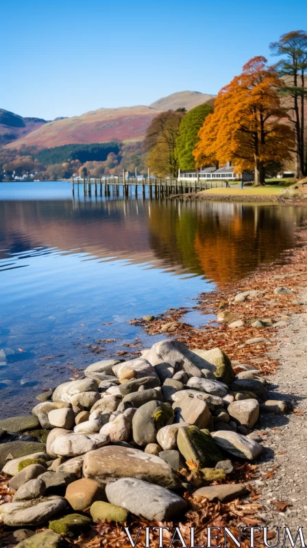 Tranquil Autumn Lake District Scene in Orange and Aquamarine AI Image