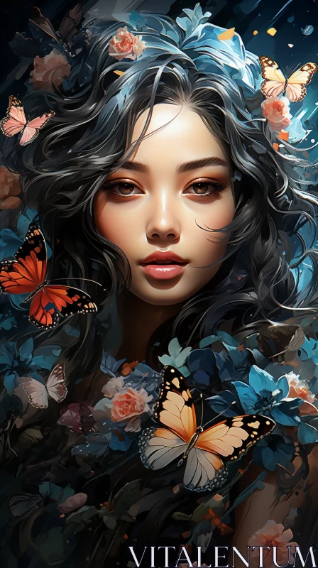 Asian-Inspired Anime Style Portrait of Woman with Butterflies AI Image
