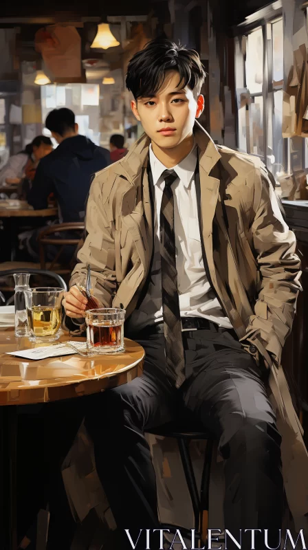 Captivating Image of a Man Sitting Outside a Bar in a Stylish Trench Coat - Hyper-Realistic Artwork  AI Image