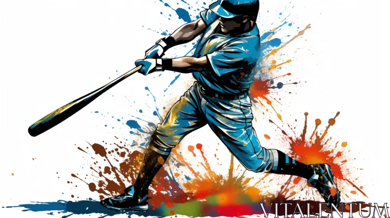 Cartoon-Style Baseball Player in Energetic Batting Stance with Colorful Splatters AI Image