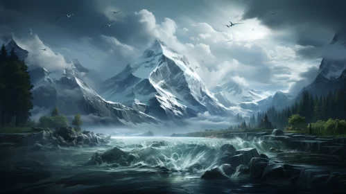 Detailed Matte Painting of Mountain Stream in Hudson River School Style