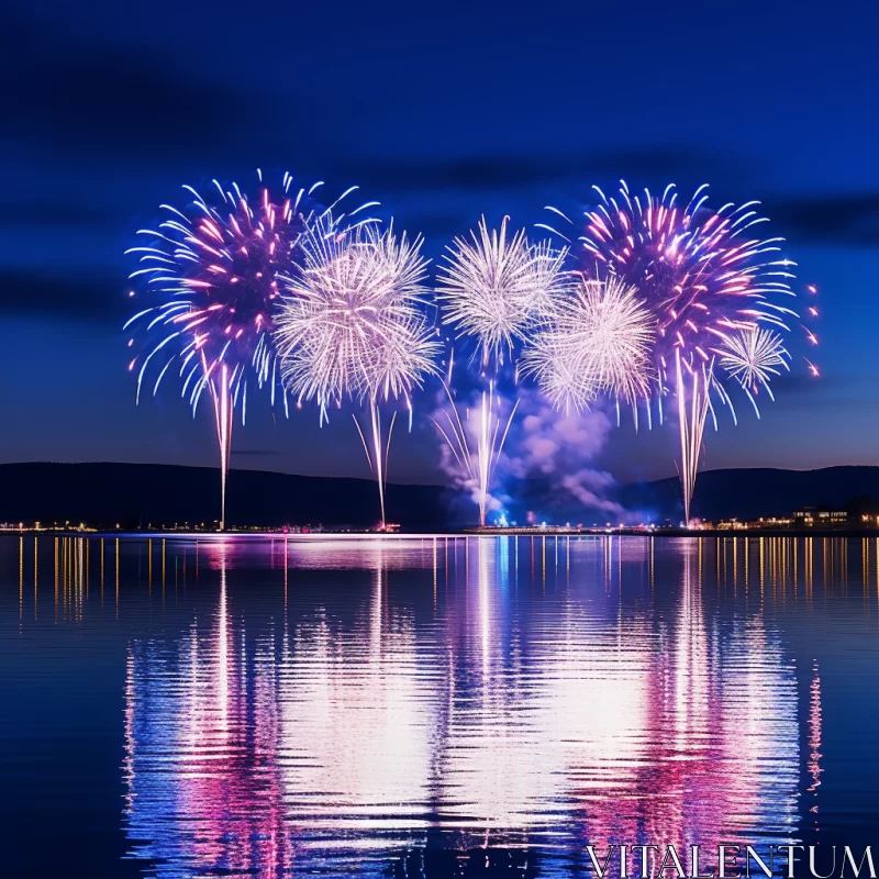 Fireworks Display Over Mirror Lake: A Dusk Spectacle AI Image