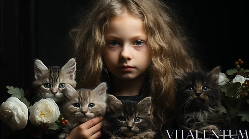 Powerful Chiaroscuro Portrait of Girl Holding Kittens AI Image