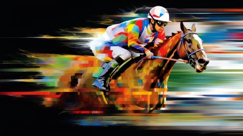 Vibrant Horse Racing Graphic with Bold Colors and Dynamic Brushstrokes AI Image