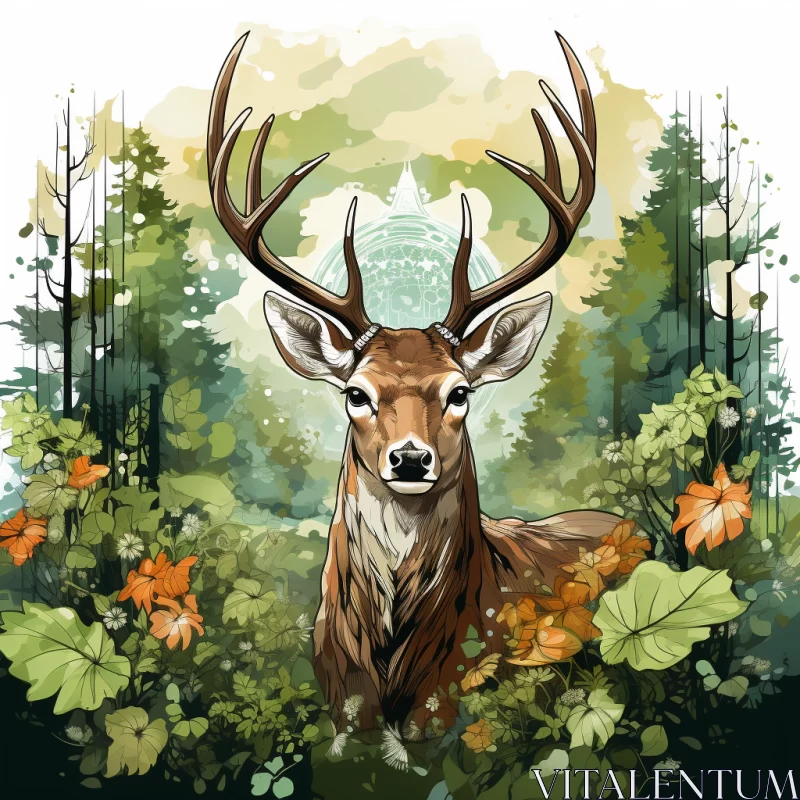 Watercolor Illustration of Deer in Forest - Freehand Painting Style AI Image
