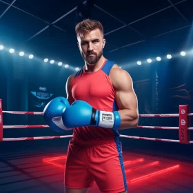 Young Boxer in Red Outfit and Azure Gloves in Dramatic Boxing Ring AI Image