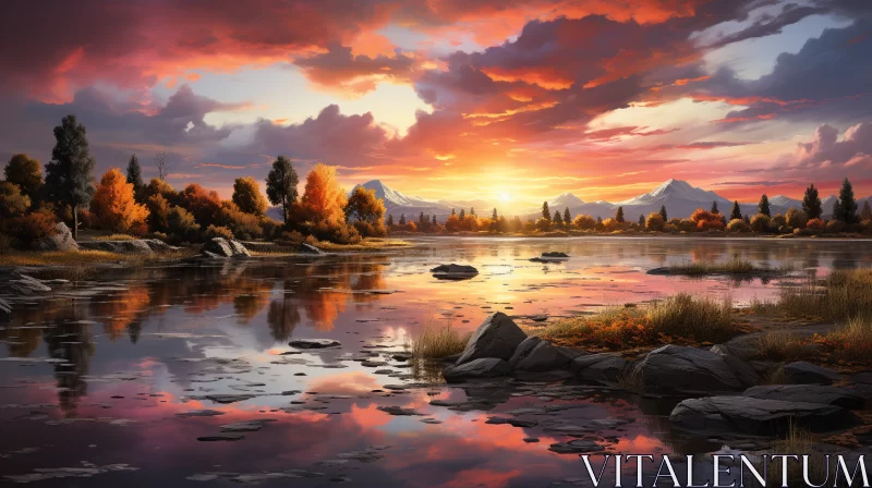 Autumn Sunset Over Calm Lake: A Whistlerian-Style Landscape Painting AI Image