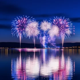 Fireworks Display Over Mirror Lake: A Dusk Spectacle AI Image