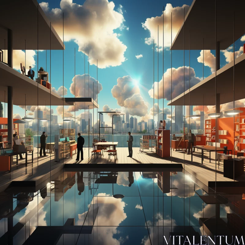 Majestic Glass Building Amidst Mountainous Backdrop Showcasing Urban Life AI Image