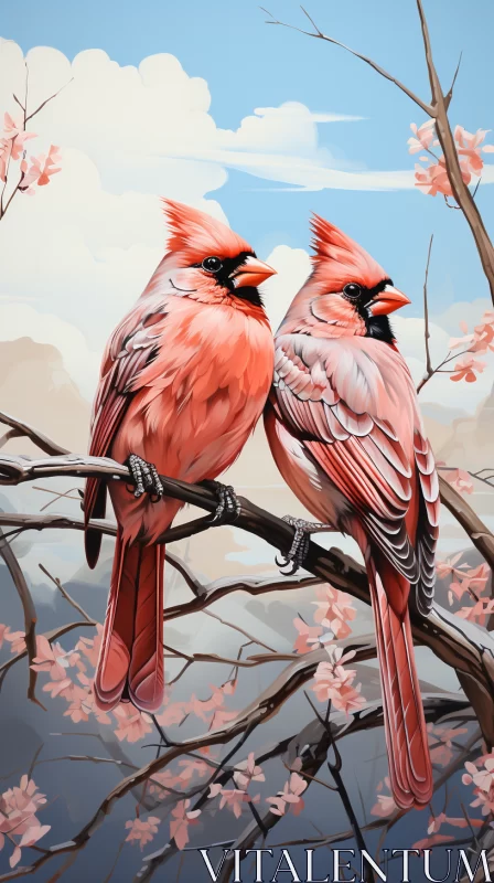 Romantic Red Birds Perched on Branch - Detailed and Realistic Illustration AI Image