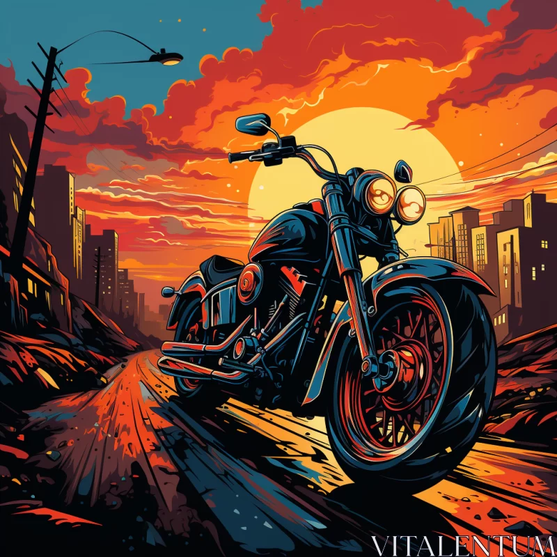 Silkscreen-Styled Motorcycle in Post-Apocalyptic Cityscape at Sunset AI Image
