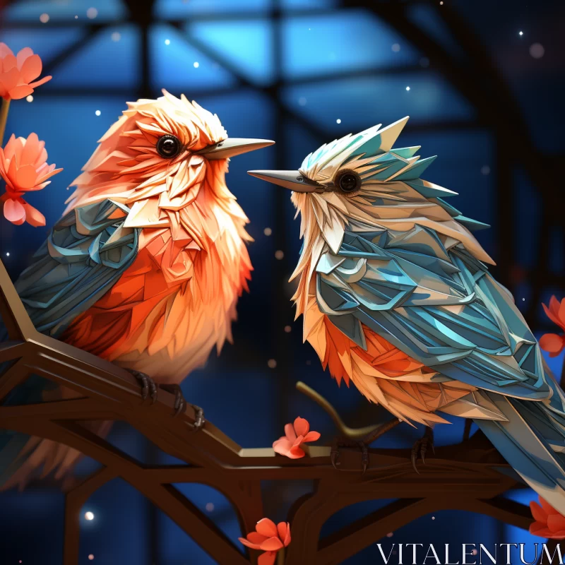 Captivating Digital Drawing of Birds Perched on a Branch with Low Poly Style and Vibrant Colors AI Image