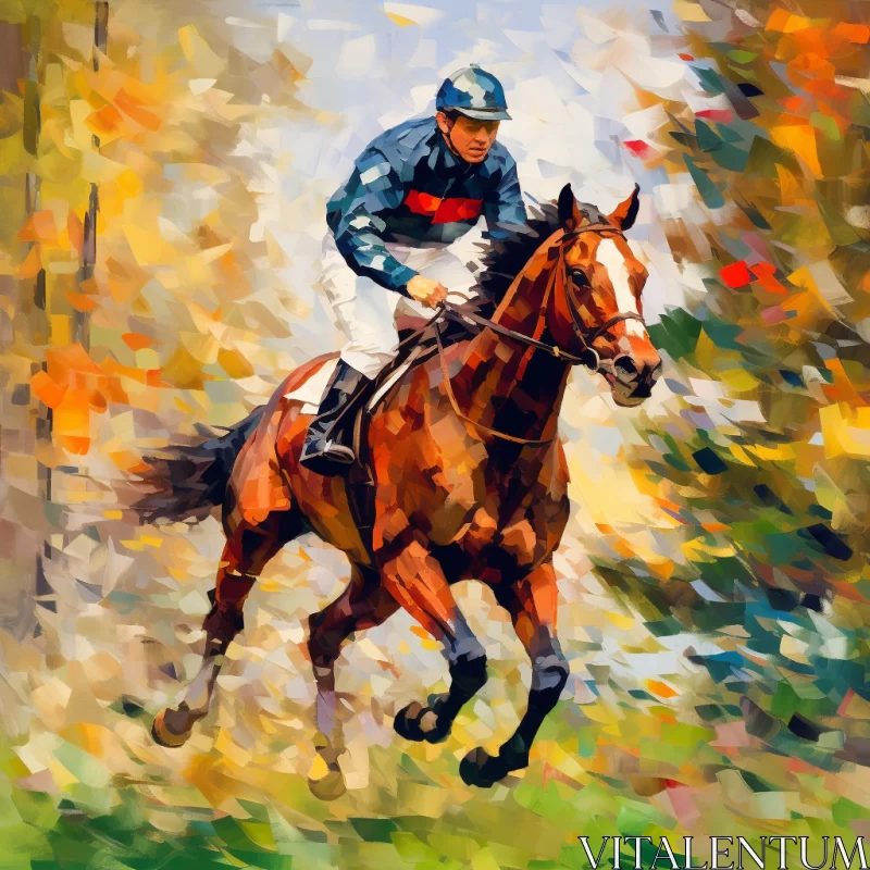 Impressionistic Oil Painting of Jockey Racing in English Countryside AI Image