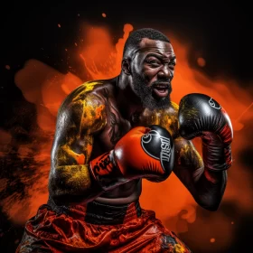 Intense Boxer in Action within Orange Dreamscape AI Image