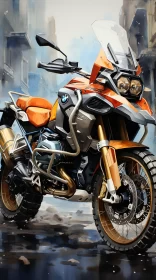 Orange and Silver BMW Motorcycle Ready to Race in Cityscape AI Image