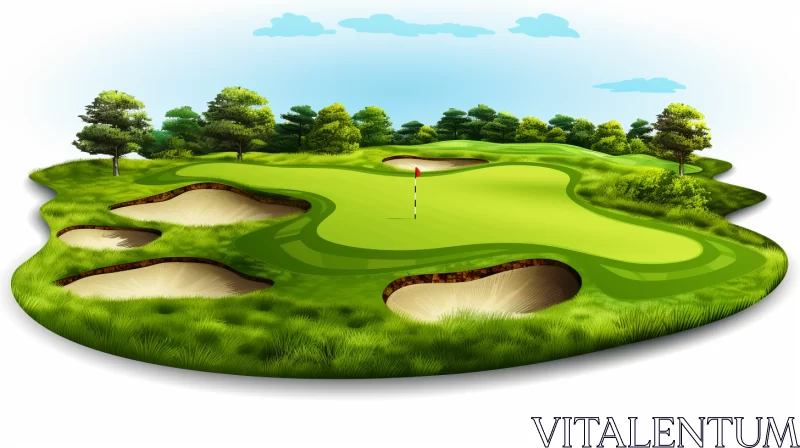 Serene Golf Course Illustration with Pastoral Landscape & Digital Enhancements AI Image