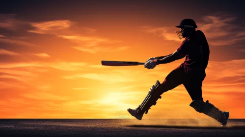 Thrilling Cricket Action Against Vibrant Sunset Sky AI Image