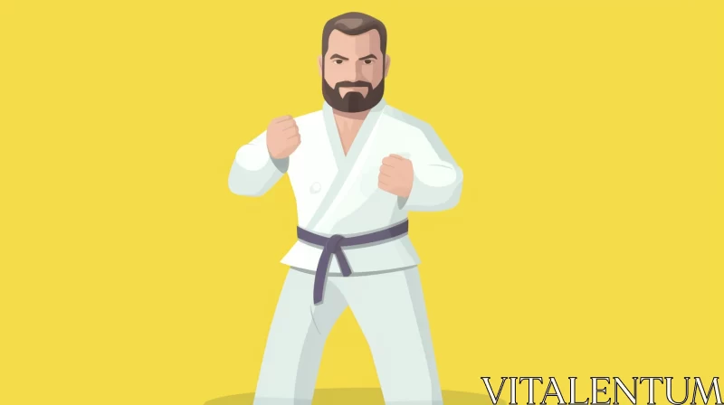 Vibrant Cartoon Illustration of Bearded Karate Fighter in White Outfit AI Image