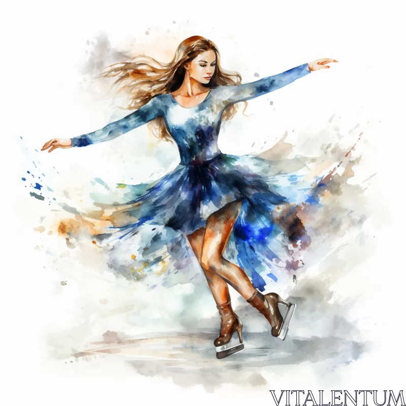 Impressionistic Watercolor Illustration of Graceful Woman Figure Skater in Dazzling Blue Dress AI Image
