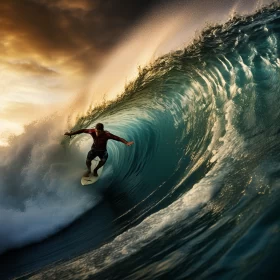 Awe-Inspiring Moment of Surfer Dancing with Colossal Ocean Wave Against Brilliant Orange Sunset Shot AI Image