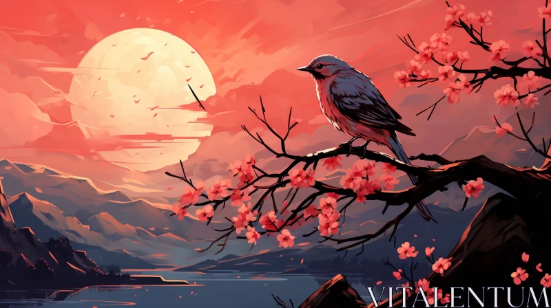 Captivating Artwork of Majestic Bird Perched on Branch in Romantic Moonlit Seascape with Vibrant Fea AI Image
