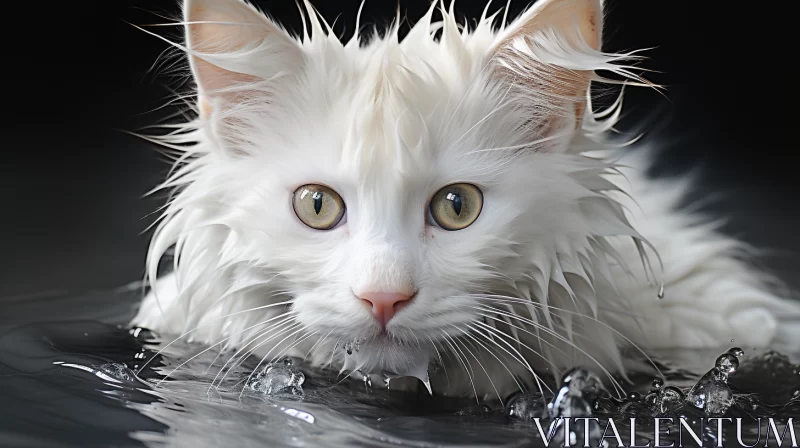Captivating Underwater White Cat Image with Intense Eyes and Wet Fur AI Image