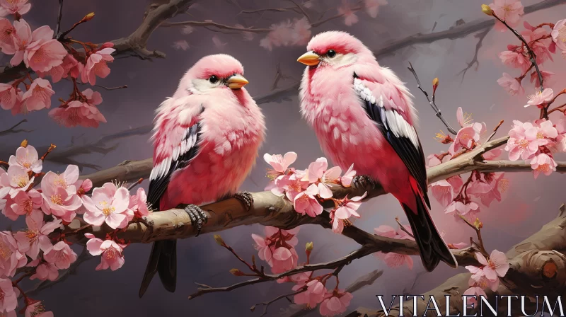 Hyper-Realistic Pink Birds Perched on Branch with Vibrant Blossoms - Whimsical and Magical Neogeo Ar AI Image