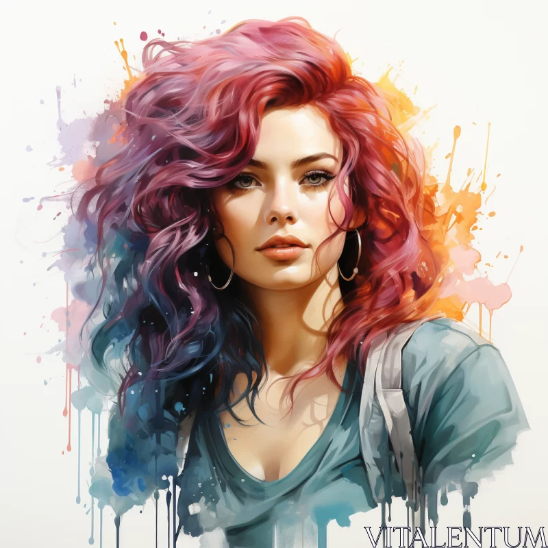 Intense Colorful Caricature of Free-Spirited Woman with Multicolored Hair AI Image