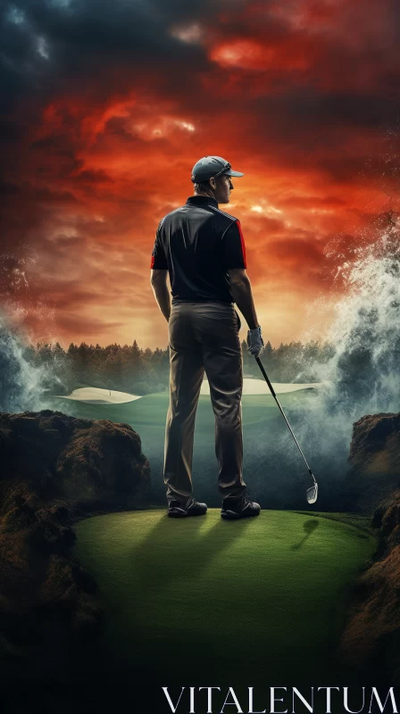 Twilight Golf Swing in Mysterious Volcanic Landscape AI Image