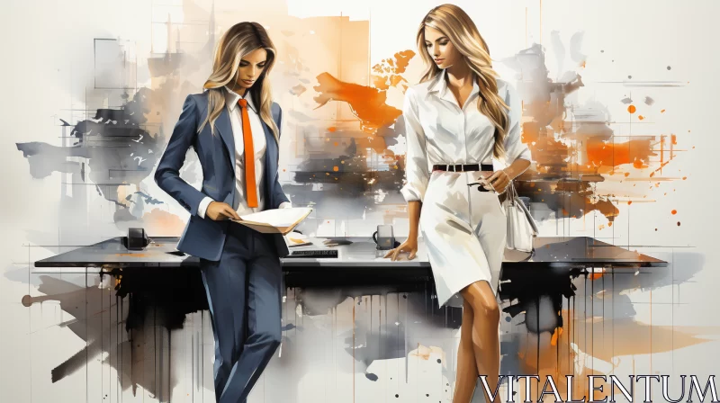 AI ART Two Businesswomen in Urban Setting - Silver and Orange Palette