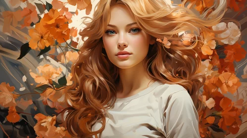 Autumn-Hued Portrait of a Young Woman with Floral Accents in Precisionist Art Style