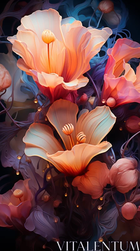 Detailed Floral Artwork with Luminous Colors and Surrealistic Elements AI Image