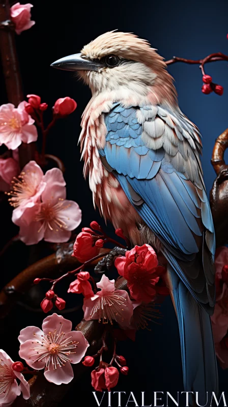Magnificent Bird Perched on Delicate Branch with Vibrant Cherry Blossoms in Zbrush Style AI Image